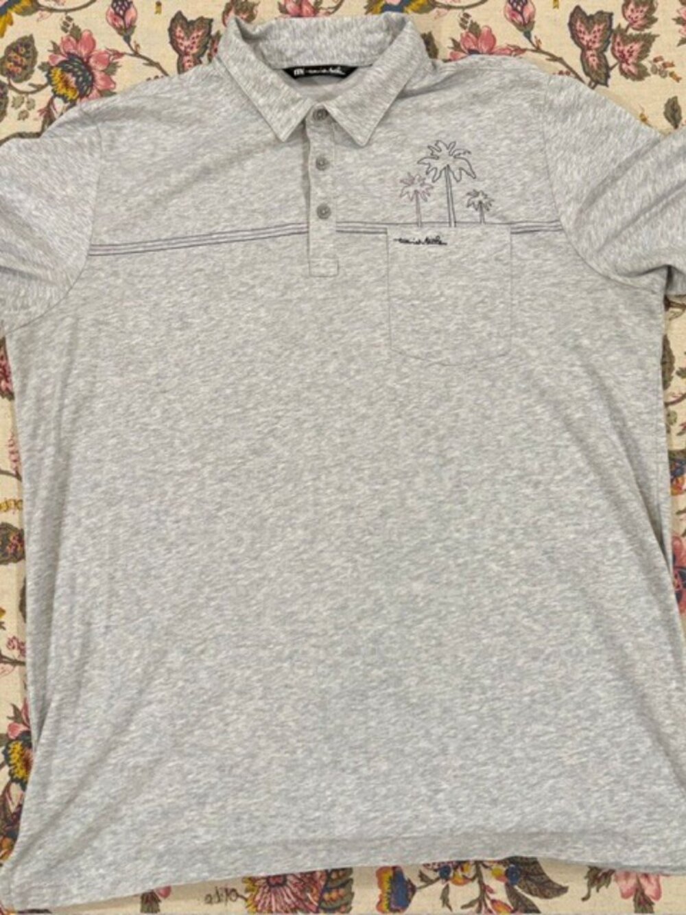 Travis Mathew Shirt Mens XL Gray Striped Palm Graphic Pocketed S/S Polo